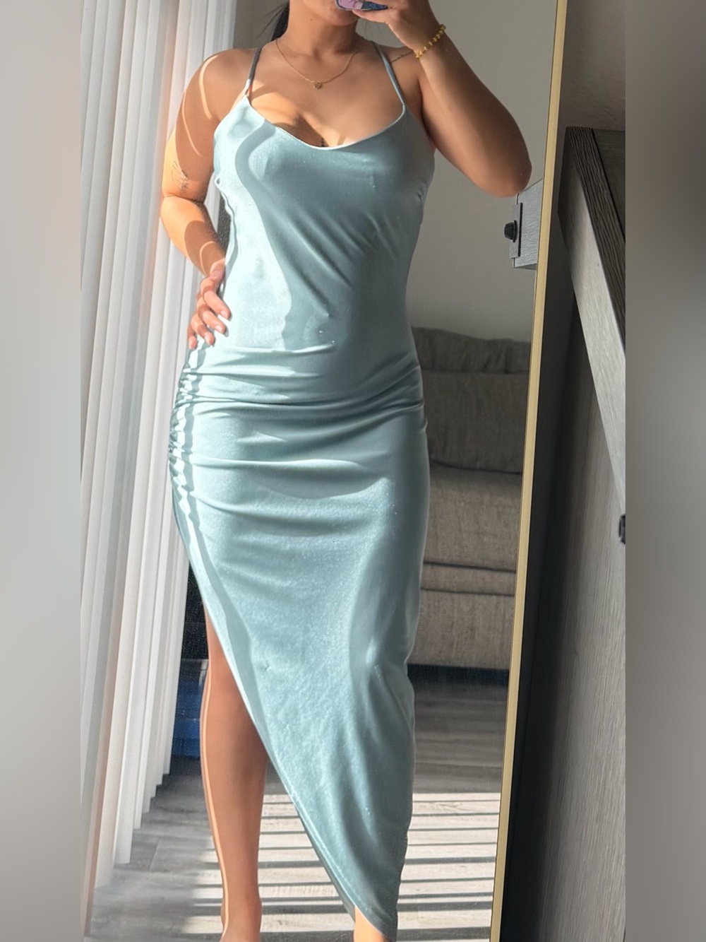 Windsor Pale Aqua Asymmetrical Satin Slip Midi Dress